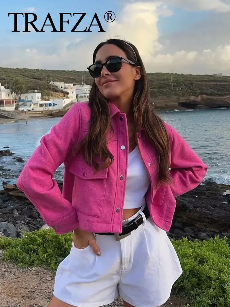 TRAFZA Jackets For Womens Autumn Fashion Solid Front Pockets Button Long Sleeve Jacket Elegant Woman Casual Outerwear Coat 241115