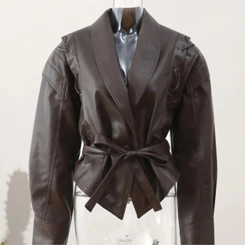 Vintage Street Adjustable Waist Pu Faux Leather Jackets For Women Belt V Neck Button Long Sleeve Motorcycle Coat Lady Outerwear 241115