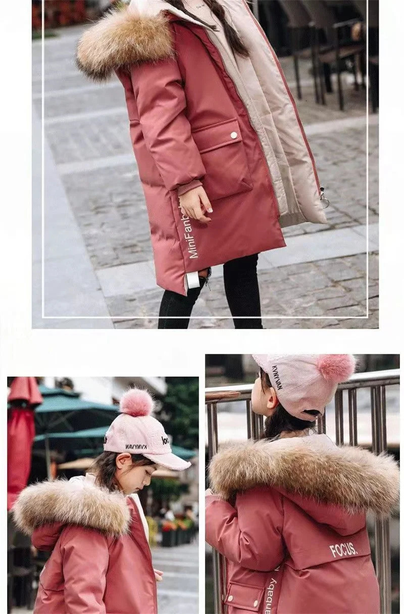 Winter Girl Child Jacket Big Kids Thick Warm Long Coats Hooded Fur Collar Heavy Cotton Outerwear Children Cold Parka Snowsuit 241115