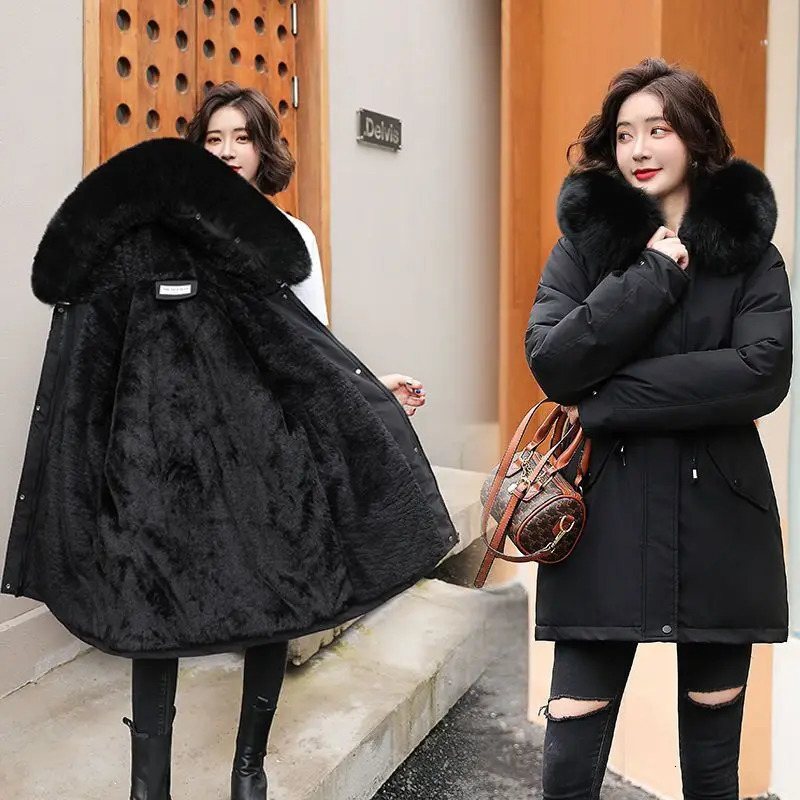 Women Parka Fashion Long Coat Plush Lining Hooded Parkas Winter Jacket Slim With Fur Collar Warm Snow Wear Padded Clothes 241115