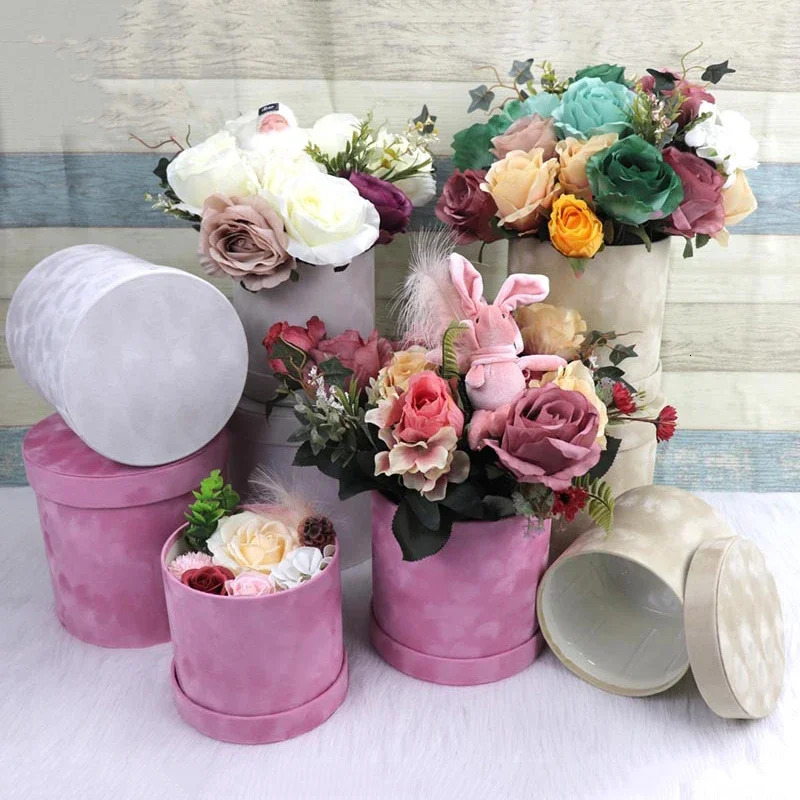3 pieces/set of circular velvet gift box flower holder bucket gift packaging box Bouquet packaging box party supplies 241115