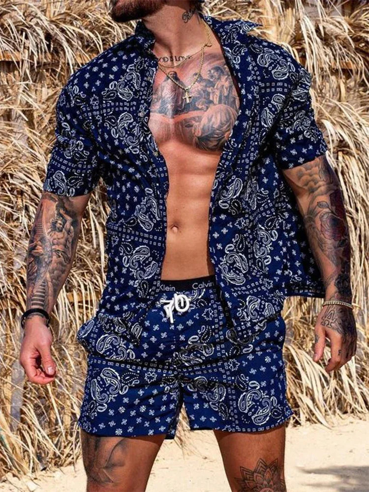 Vintage Geometric Printed Two Piece Sets Mens Summer Casual Short Sleeve Lapel Shirt and Shorts Beach Suits Men Fashion Outfit 240412