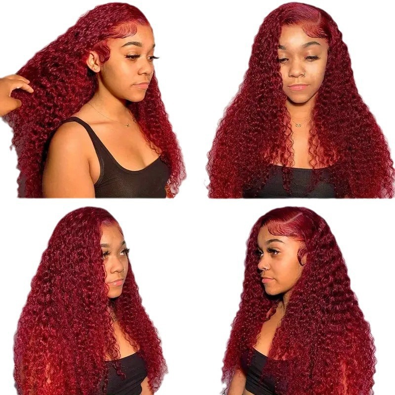 Fashionable wine red wig hot selling front lace small winding tube afro synthetic wig