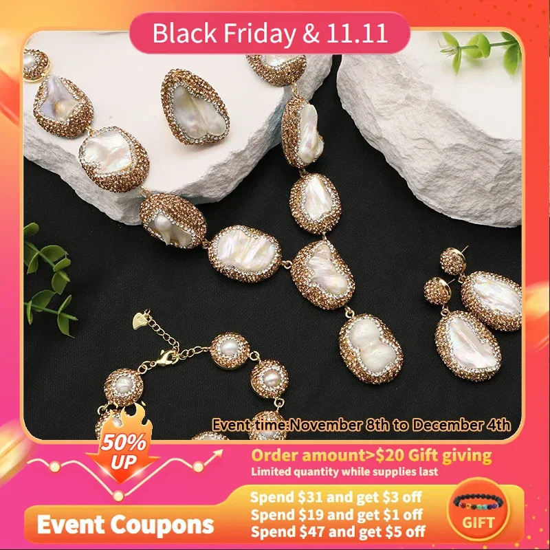 Natural Baroque Pearl Womens 18K Gold Plated Jewelry Necklace Bracelet Earrings Fashion er Jewelry Set 241115