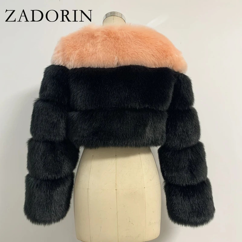 ZADORIN Fashion Cropped Furry Faux Fur Coat Women Short Mixed Color Long Sleeve Front Zipper Faux Fur Jacket Crop Coat 241115