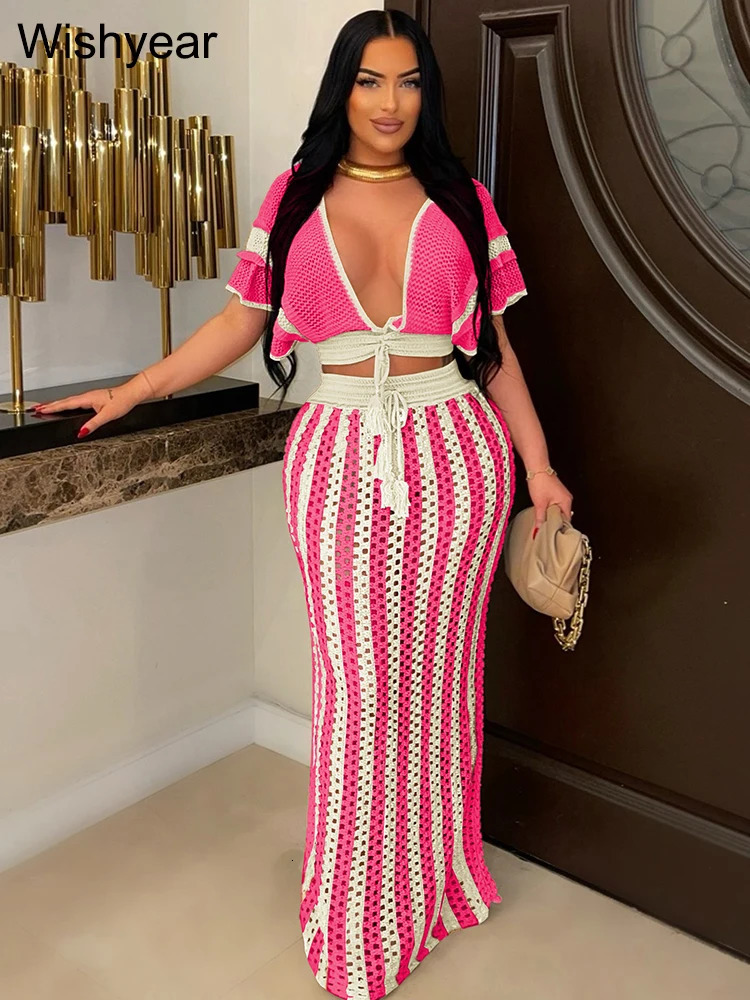 Elegant Knitted Crochet Beach Black Stripe Two 2 Pieces Women Crop Tops and Long Skirts Matching Set Holiday Birthday Outfits 241114