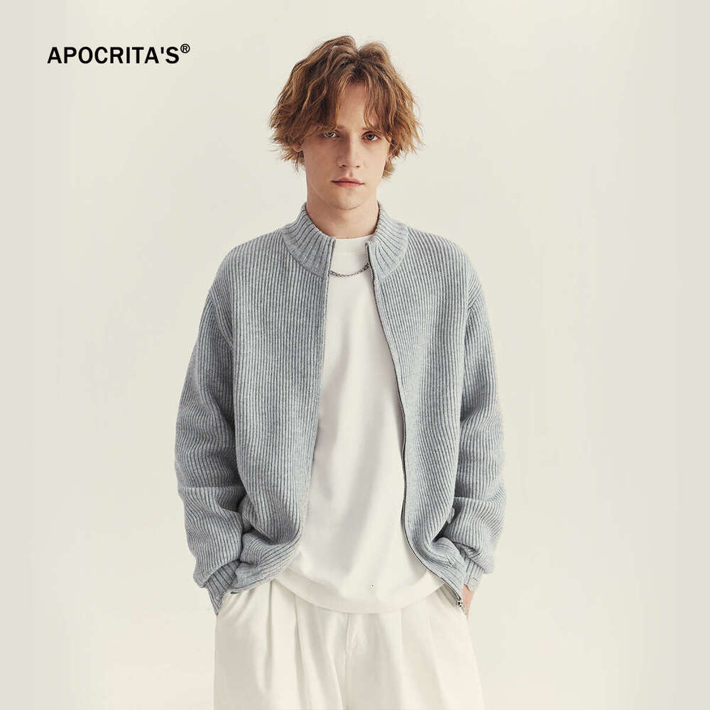 APO Wear | Autumn And Winter New Knitted Open Coat Men's Trendy Brand Lazy Style Loose Zipper Piercing Sweater
