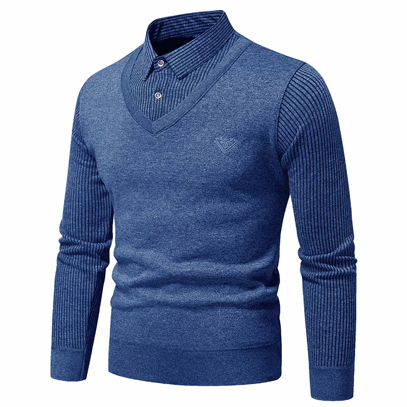 Autumn and winter mens twopiece sweater wool slim fit polo neck knitted bottom thick warm 241115