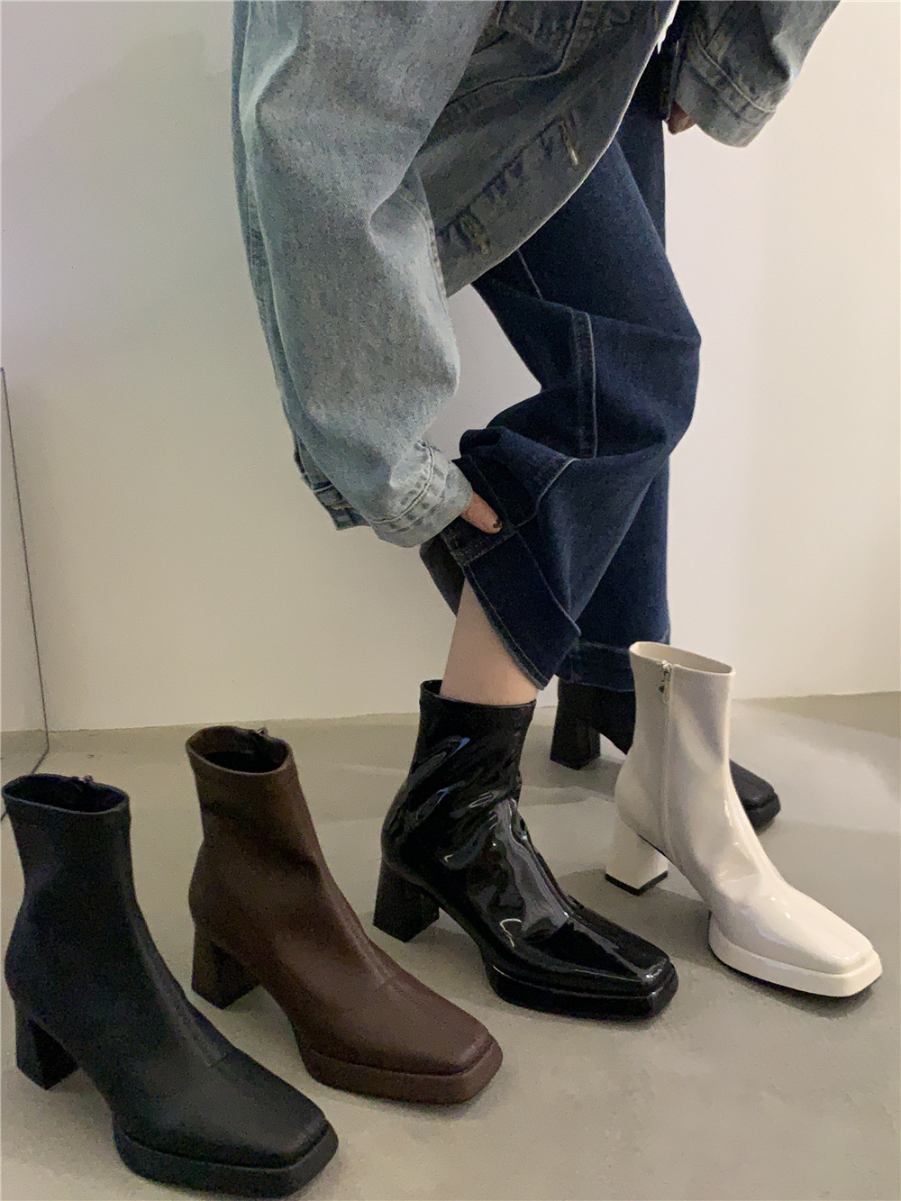 French Square Toe Thick Heel Zipper Short Boots.