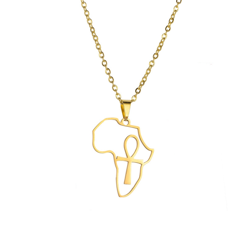 10PCS Africa Map with Anhe Egyptian Cross Necklace African Religious Amulet Pendant Ankh Crucifix Necklaces Stainless Steel Symbol of Life Cross Egypt