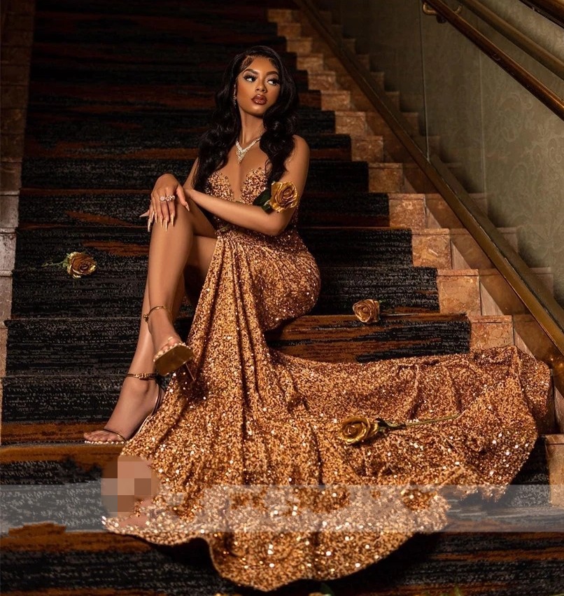 Champagne Sheer O Neck Long Prom Dress For Black Girls 2025 Sparkly Mermaid Birthday Party Dresses High Slit Evening Gowns Robe De Soiree