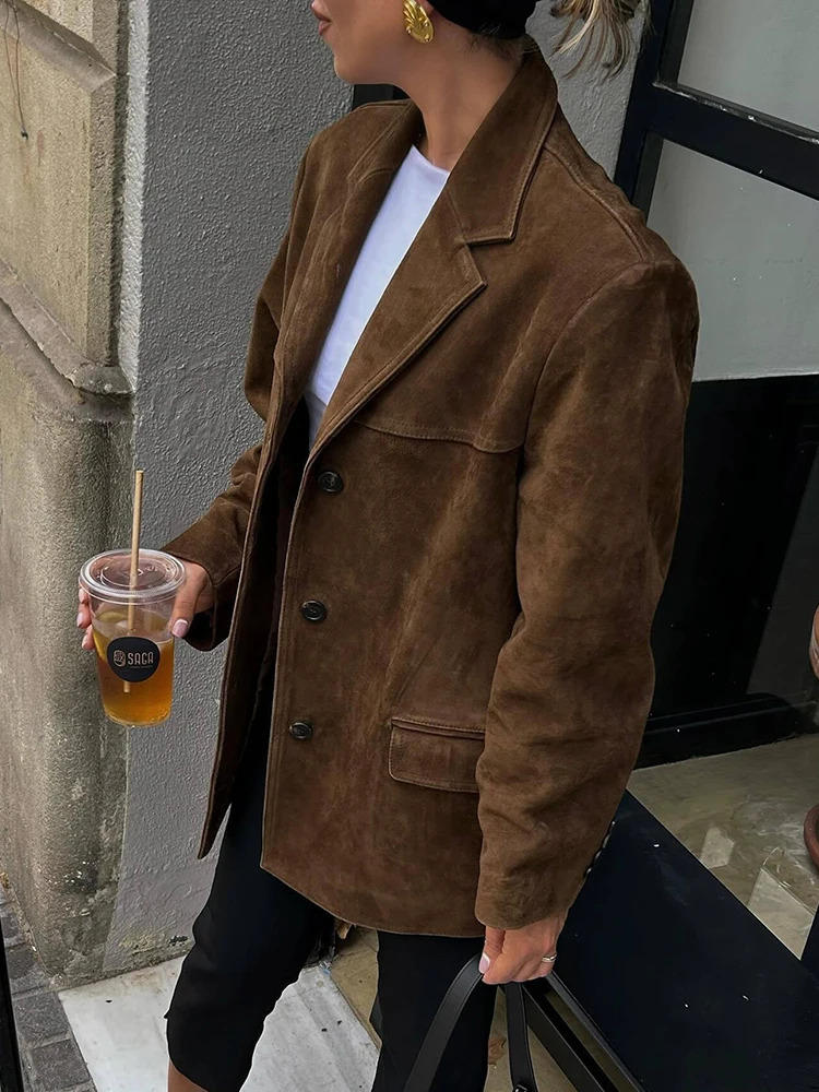 Vintage Women Loose Suede Jackets 2024 Fashion Ladies Oversize Brown Faux Leather Outfit for Female HighStreet Chic Clothes Cute 241115