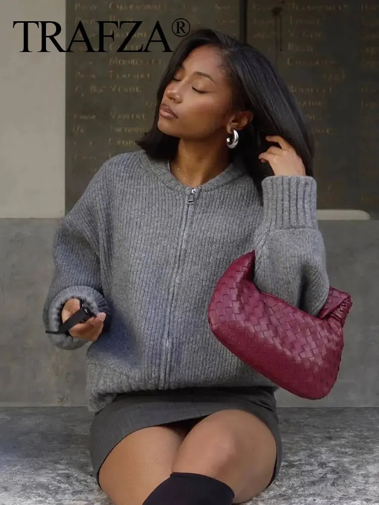 TRAFZA Women Vintage Solid Color Coat Long Sleeve Round Neck Sweater Jacket 2024 Spring Female Casual Zipper Coats 241115