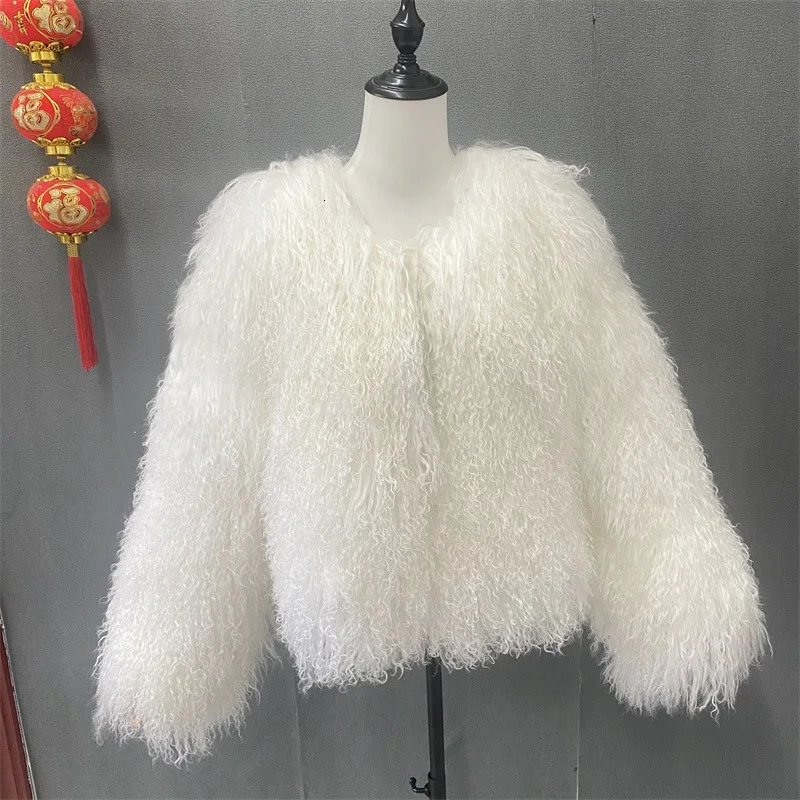 Pattern Plus Size Dark Brown color Mongolia Sheep Fur Jacket Women Real Female Winter Warm Outerwear 241115