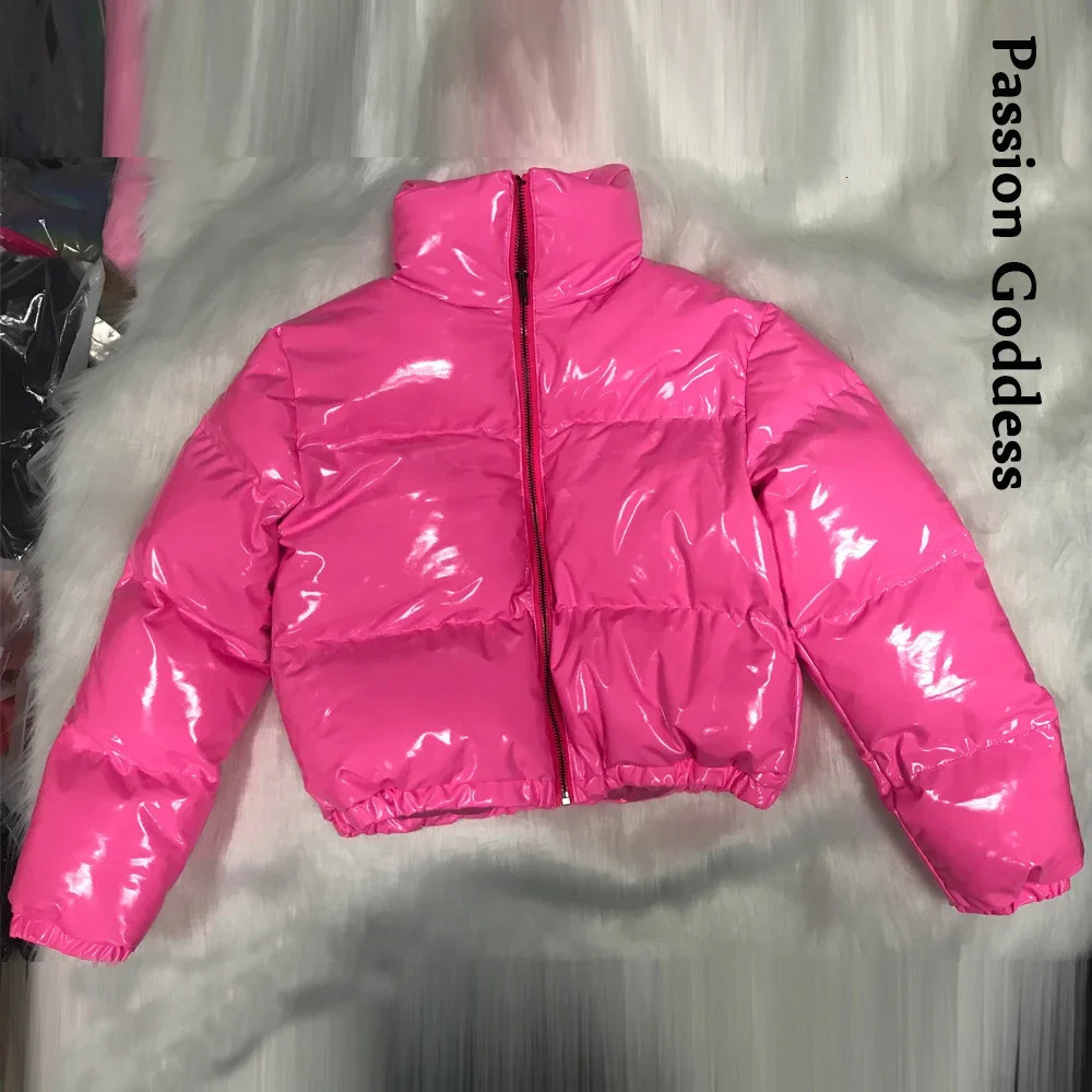 Bright PU Red Puffer Jackets for Women Warm Puffly Bubble Coats Shiny Black Leather Cropped Jackets Zipper Parkas Down Plus Size 241114