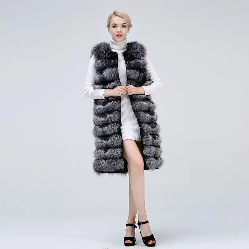 100 Genuine Winter Long Real Silver Fur Stripes Vest Collar Sleeveless Coat Clothing Women Extended 241115
