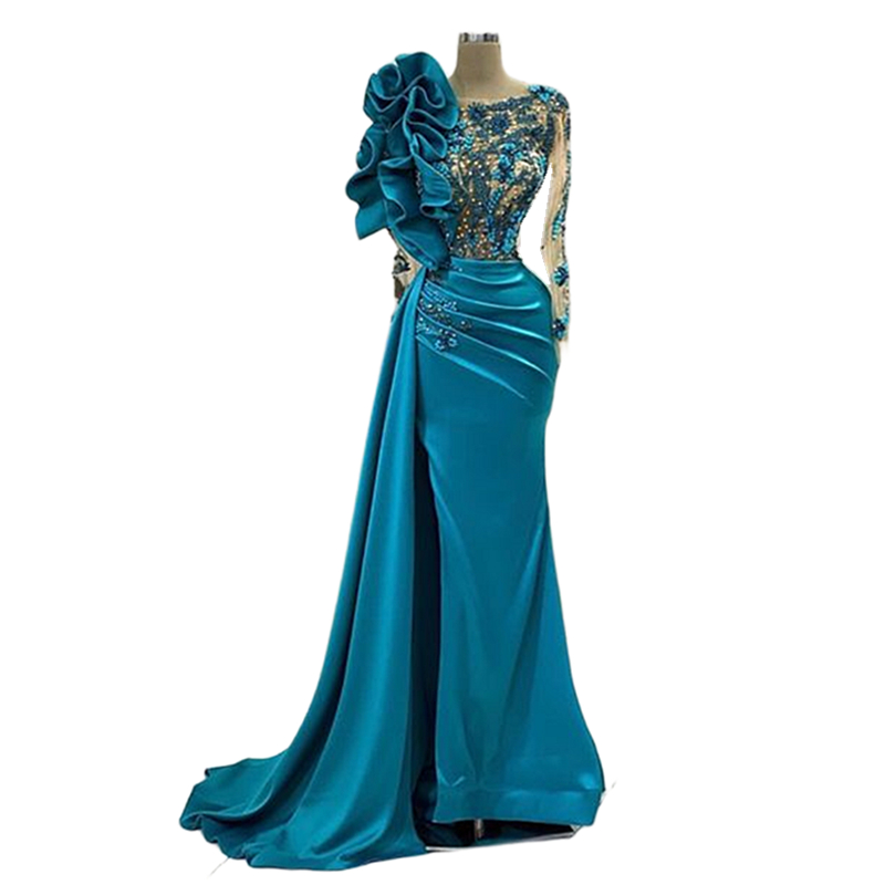 Ruffles Beaded Mermaid Evening Dresses Lace Appliques Crew Neck Pleats Teal Satin Long Sleeves Formal Dress For Women 2024 Elegant Prom Gown Special O