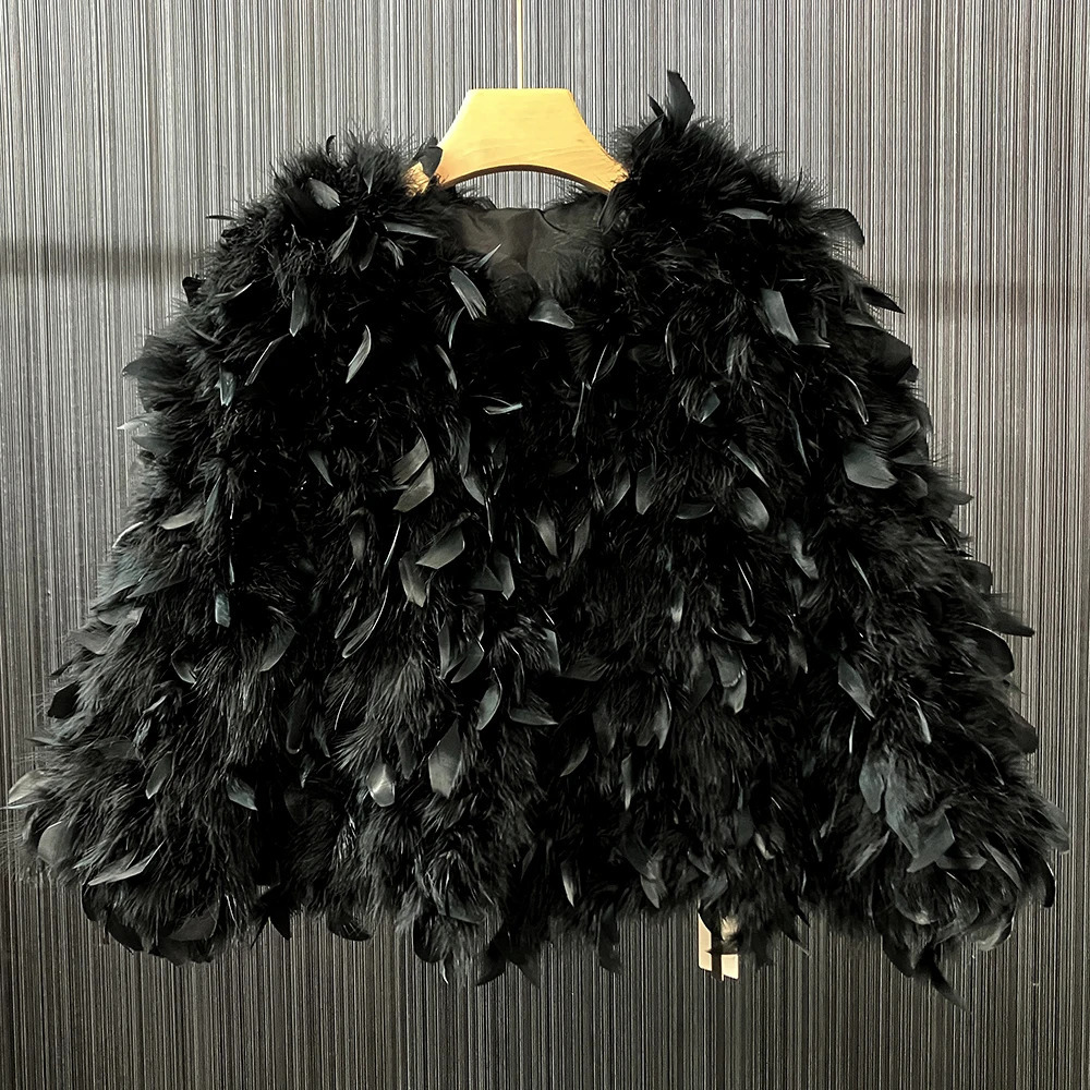 Womens Oriental Feather Jacket Womens Winter Warm Natural Fluffy Fur Coat Fashion Long Sleeve Coat 241115