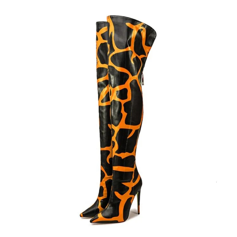 European And American Style Super Heels Women's Sexy Gradient Color Leopard Print Back Zipper Slim Fit Knee High Boots