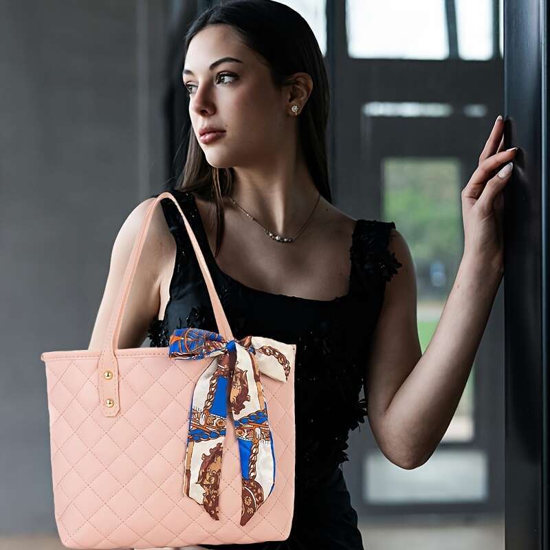 Chic Women's Tote with Scarf - Large Capacity, Quilted Designer Shoulder Bag in Khaki, Brown, White, Pink, Black | Faux Leather, Handwash/Dry Cle