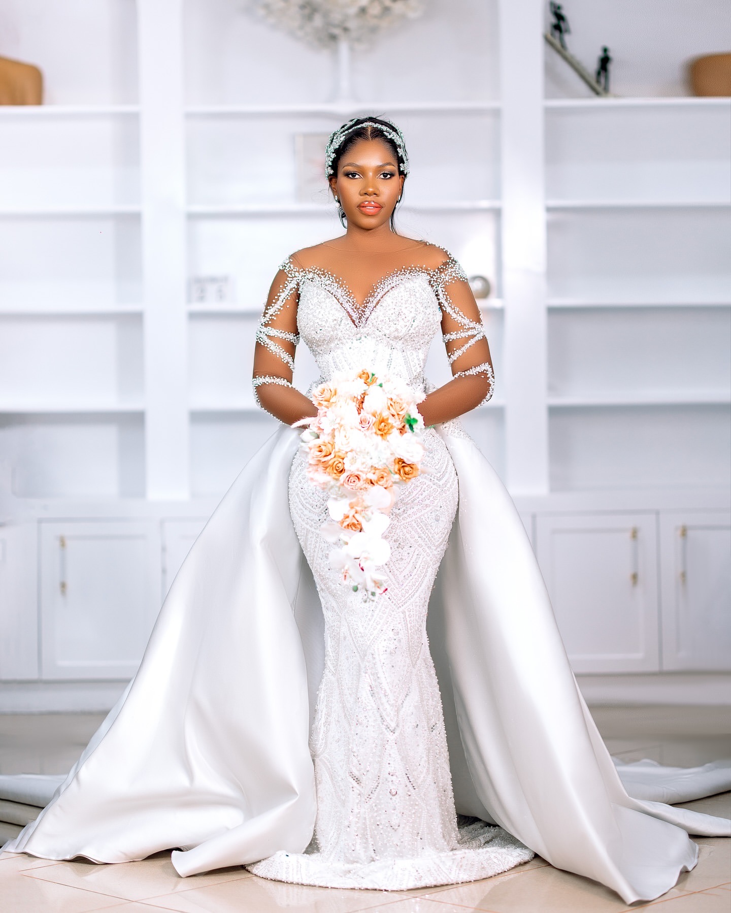 2024 Arabic Aso Ebi Plus Size Off White Mermaid Wedding Dresses Beaded Sheer Neck Satin Sequined Detachable Train Bridal Gowns Dress For Bride
