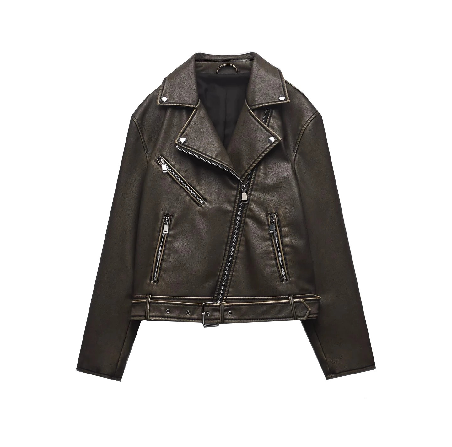 ZVRI ladies 2024 vintage do old washed leather locomotive type PU jacket womens coat top 241115