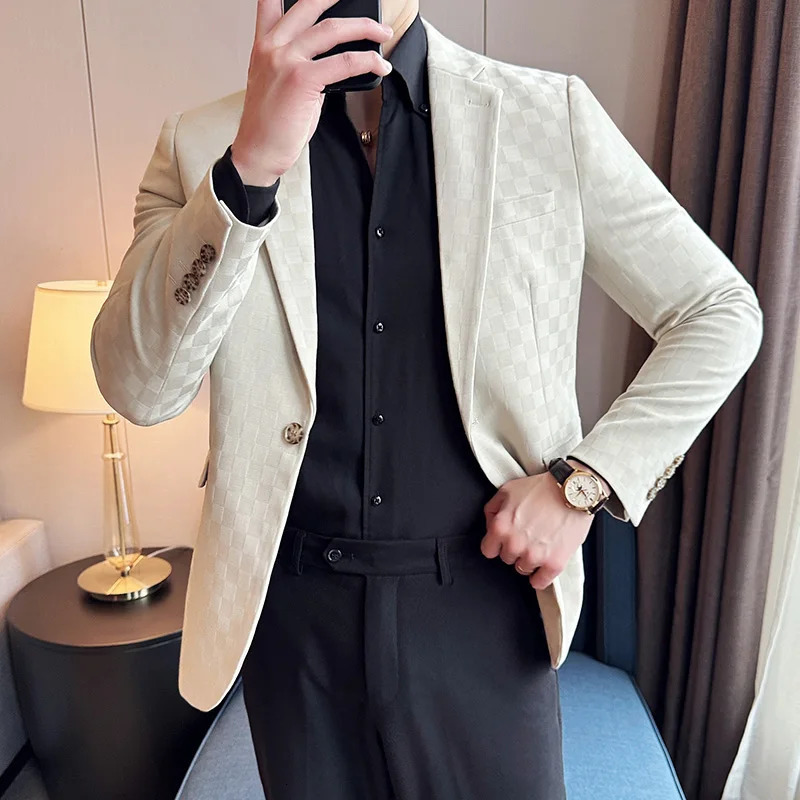 Spring Checkered Jacket Mens Single Chest Casual Business Set Jacket Fashion Ultra Thin Social Banquet Wedding Dress 241114