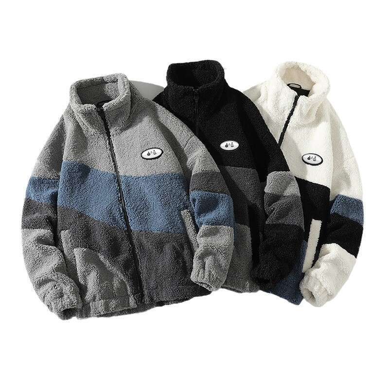 Autumn And Winter Lamb Cotton Coat, Fashionable Color Blocking Splicing With Zipper Cardigan, Jacket, Fleece