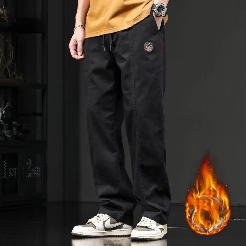 Retro pure cotton thick elastic waist brushed solid autumn and winter fully matched patch work bag straight casual cargo pants 241115