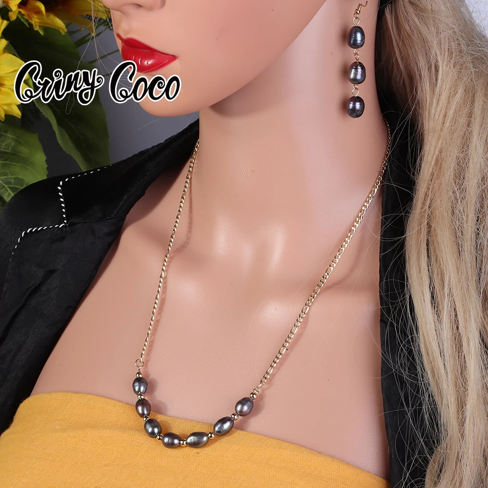 Cring Coco Womens Necklace Set Fashion Hawaiian Black Pearl Jewelry Set Freshwater Baroque Bracelet Earrings Jewelry Set 241115