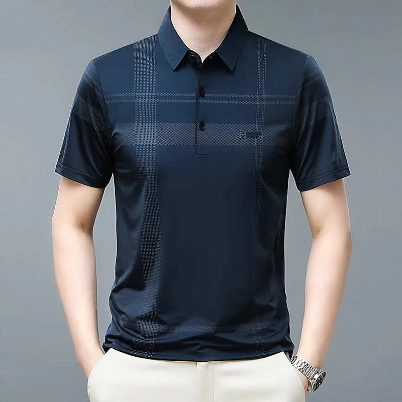 Summer Mens Clothing Short Sleeve Turn-down Collar Polo T-shirt Ice Silk Thin Loose Business Fashion Casual Tops 240407