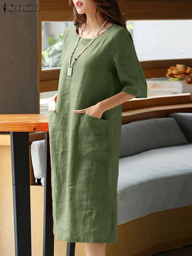 ZANZEA Summer O Neck Half Sleeve Sundress Women Vintage Solid Cotton Dress Robe Femme Casual Loose Beach Vestido Kaftan 240415