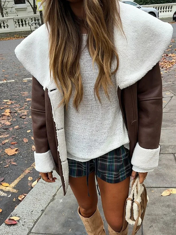 Winter Warm Lapel Collar Long Sleeve Belt Woman Coat Chic Single Breasted Lamb Woolen Suede Leather Jacket 2024 Streetwear 241115