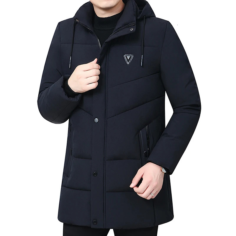 Hooded Winter Down Cotton Coat for Men Parkas Thickened Solid Color Padded Cardigan Midi Length Zip Up Mens Warm Jacket 241115