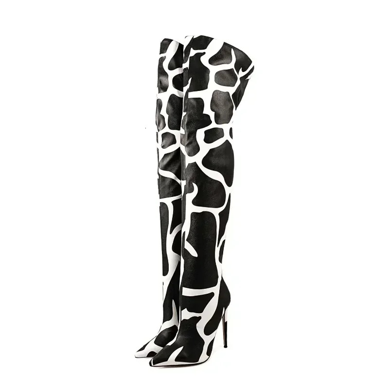 European And American Style Super Heels Women's Sexy Gradient Color Leopard Print Back Zipper Slim Fit Knee High Boots