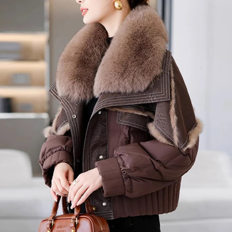 Womens Winter Down Jacket Sheepskin Fabric Fur VNeck Rabbit Lining Coat Women Warm And Fashionable 241115