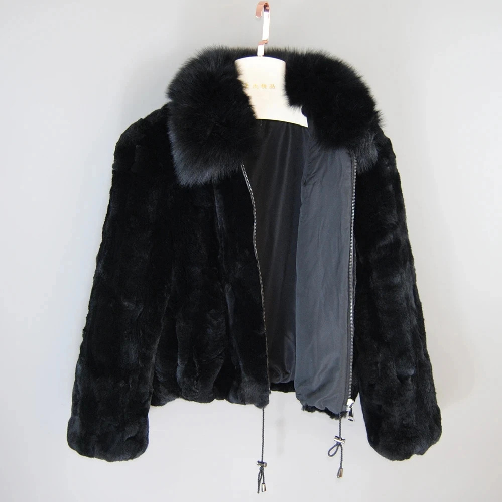 Style Women Winter Warm Soft Quality Real Rex Rabbit Fur Coat Short Jacket Big Collar Overcoat 241115