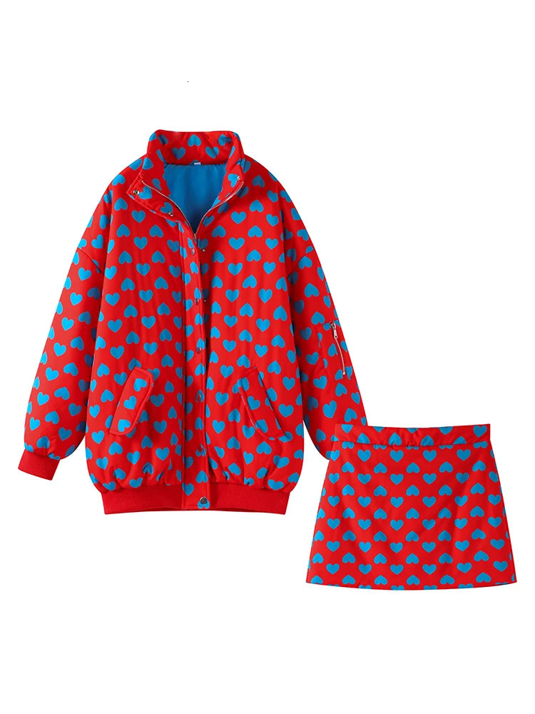 Fashion Love Printed Womens Ski Set Y2K Large Vertical Collar Cotton Thick Zipper Pocket Jacket Mini Ski Set 2-piece Set 241112