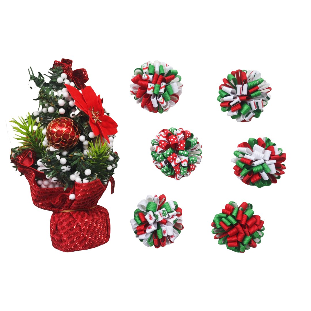Girls Baby Christmas 2 Inch Loopy Round Ball Flowers Bows Hair Clips Ties Ribbon Xmas Hairpins Elastic Hairbands Bobbles Headband Accessories 10Pcs