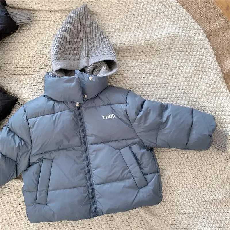 New winter baby toddler boy Korean style knitted splicing work hooded jacket thick coat outdoor wear for 2-7 years X241115