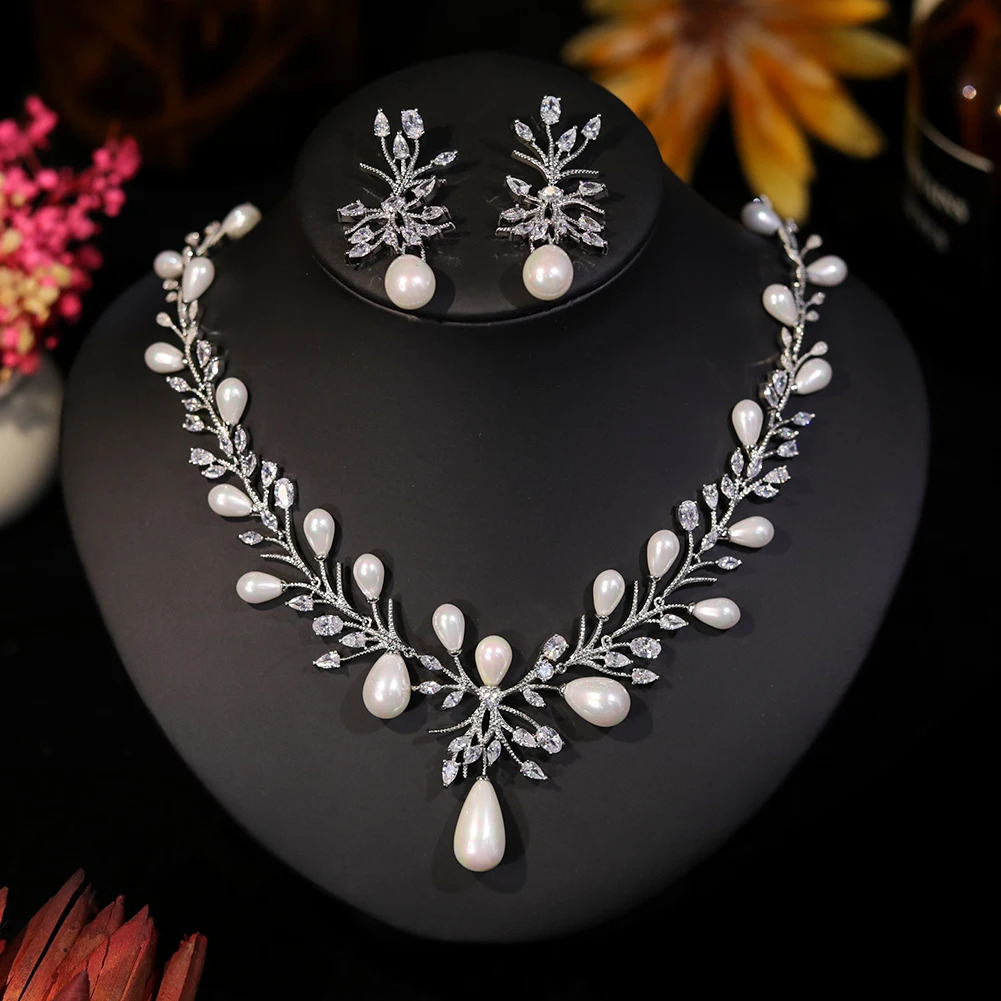 white cubic zirconia pearl necklace and earrings wedding party jewelry set for women Envio Gratis Todo X0470 241115