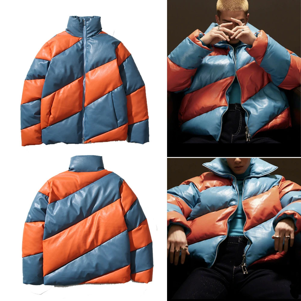 Mens Clothing Top Fashion Spiral Color Matching Leather Warm n Bread Patchwork Winter Casual Jacket ropa hombre 241115