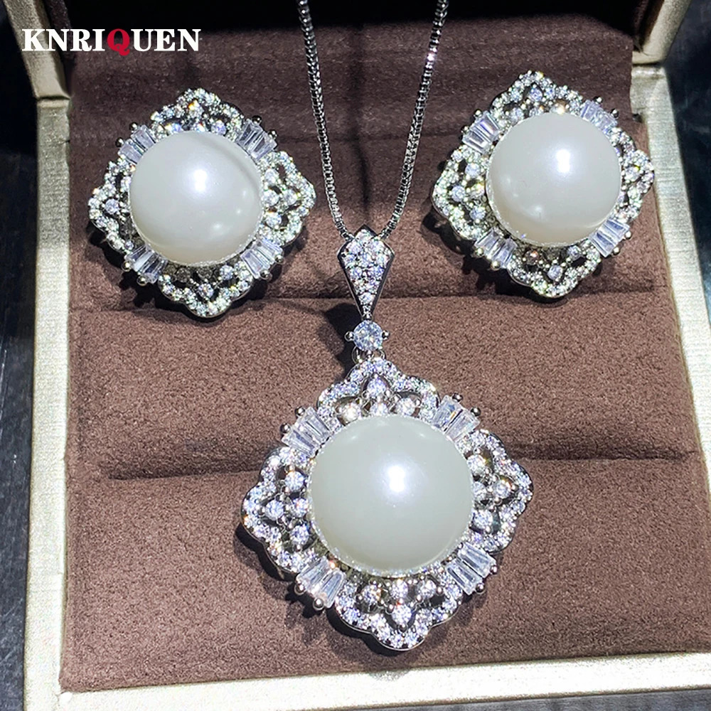 Charm 14-16mm white large pearl high carbon diamond pendant necklace earrings suitable for womens anniversary wedding party jewelry set 241115