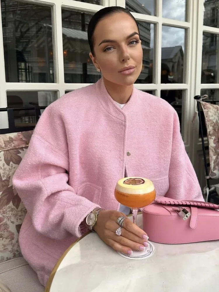 ZBZA Womans Oversized Bomber Jacket Autumn Round Neck Long Sleeve Pocket Hidden Button Loose Jackets Coat Female Outerwear 241115