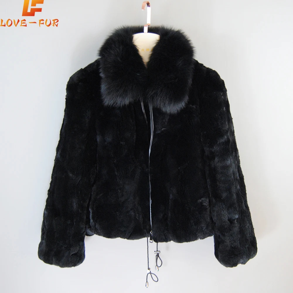 Style Women Winter Warm Soft Quality Real Rex Rabbit Fur Coat Short Jacket Big Collar Overcoat 241115