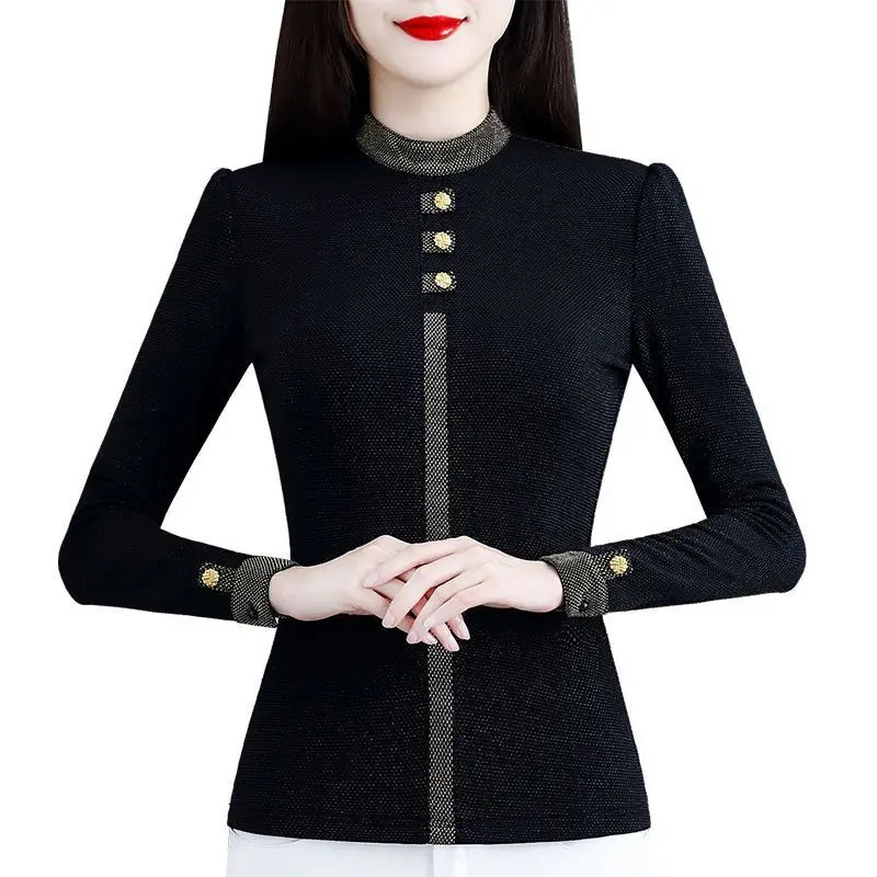 Autumn Winter Long Sleeve Patchwork Allmatch Bottoming Shirt Temperament Thick Slim T Tops Vintage Fashion Women Clothing 241115