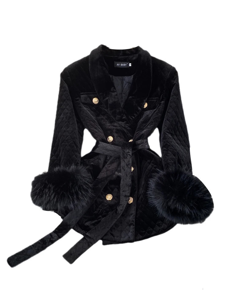 XFPV Womens Velvet Feather Lace Korean Double Chest Jacket with Collar and Long Sleeve Warm Coat Winter SM9917 241115