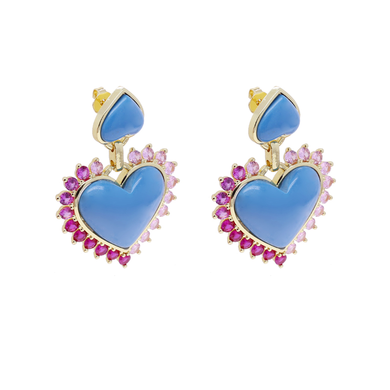 Gold Color Pink Cubic Zirconia Double Turquoises Heart Shaped Stone Big Women Dangle Drop Charm Earring 9f5c