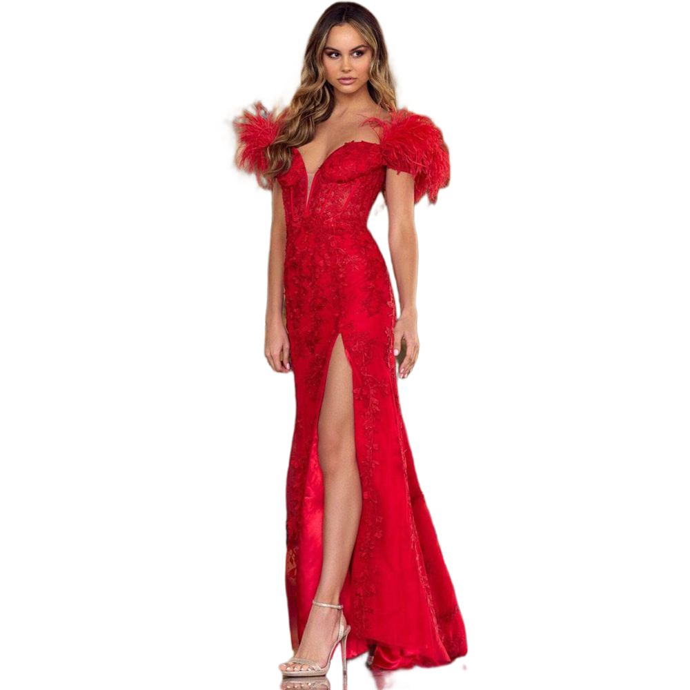 Elegant Red Lace Prom Dresses With Feather Off Shoulder Short Sleeves Side Split Long Formal Evening Gowns Christmas Events Party Dress