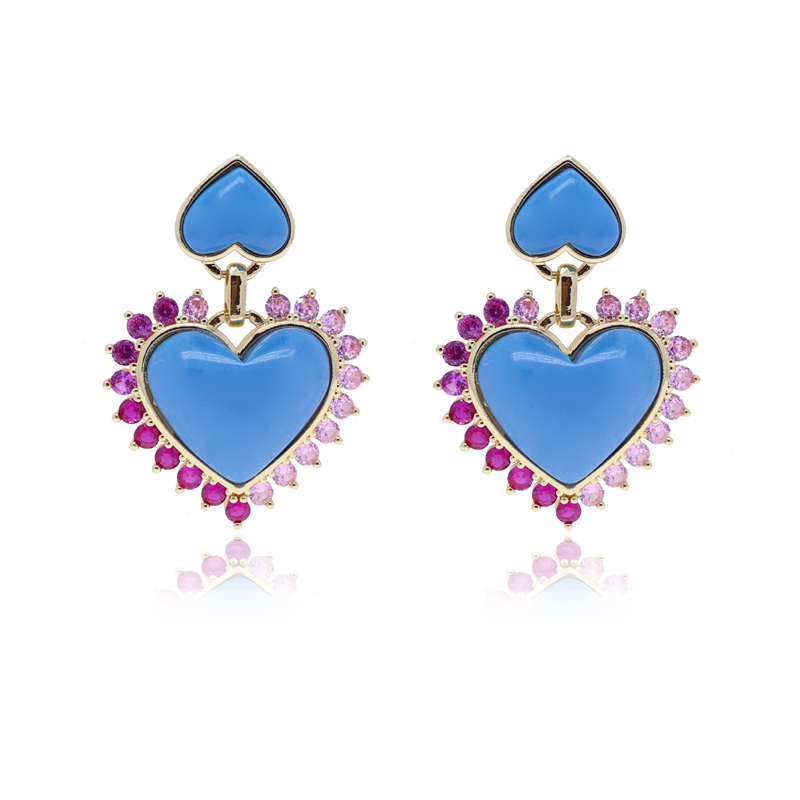 Gold Color Pink Cubic Zirconia Double Turquoises Heart Shaped Stone Big Women Dangle Drop Charm Earring 9f5c